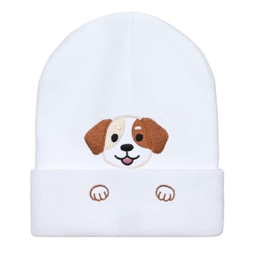 Personality Animal Head Embroidery Knit Beanie Hat for Adult and Big Kids Winter Warm Skull Cuffed Hats - color: Dog-white
