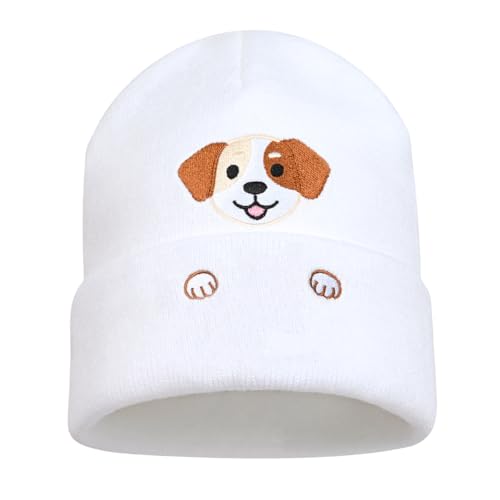 Personality Animal Head Embroidery Knit Beanie Hat for Adult and Big Kids Winter Warm Skull Cuffed Hats - color: Dog-white