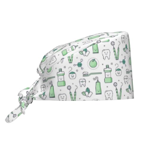 MOLIAN Dental Tooth Adjustable Working Cap Surgical Headgear for Women Men | Adjustable Tie Back Scrub Caps with Button Built-in Sweatband Working Cap for Nurses Doctors and Workers - color: Dental Tooth Care