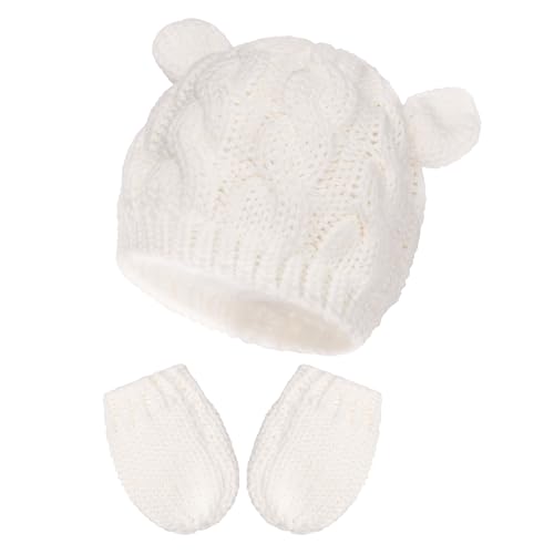 Baby Winter Hat Mittens Set Knitted Beanie Gloves for Baby Girls Boys Newborn Infant Toddler Autumn Winter - color: White