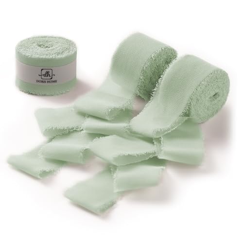 DORIS HOME Handmade Frayed Fringe Chiffon Ribbon 1" x 21Yd Sage Green | Fabric Ribbon, For Flower Bouquet/Gift Wrapping/Wedding Invitations/Christmas Decorations/Party Decor - color: Sage Green
