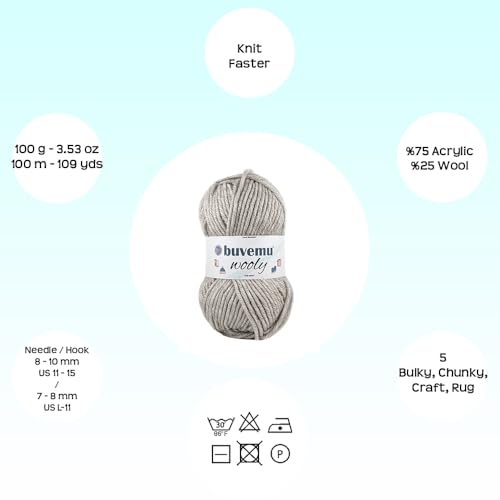 Wooly Soft Fluffy Bulky Weight #5 Wool Blended Fast Knitting Crocheting Yarn, 25% Wool 75% Acrylic, 100 Gram (3.53 Ounces) 109 Yards (100 Meters) (Beige Melange) - color: Beige Melange, size: 1 Pack