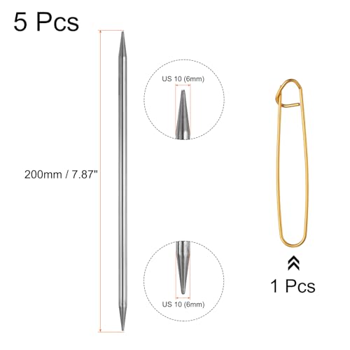 uxcell 5Pcs US 10(6mm) Double Pointed Knitting Needle 7.87 Inches Length Stainless Steel Sweater Stitching Needles with Stitch Holder for Handmade Projects DIY Knitting - size: 6mm