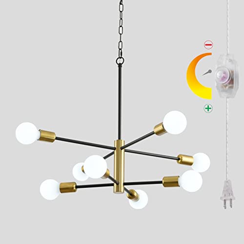 8-Light Plug in Chandelier, Sputnik Chandelier with Cord Modern Industrial E26 Black and Gold Pendant Light Hanging Lights Ceiling Lighting Fixture for Living Room, Bedroom, Dining Room, Kitchen - color: Sputnik