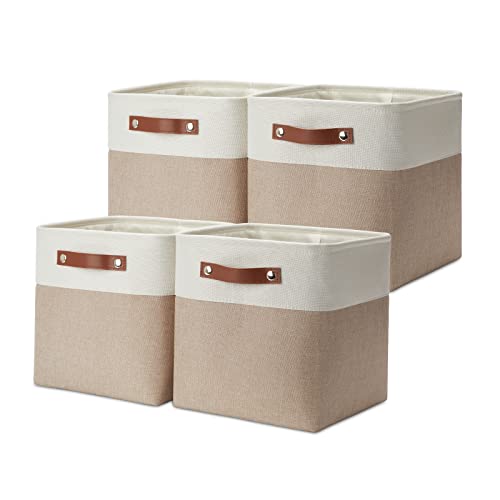DULLEMELO 11 inch Cube Storage Bins, Large Collapsible Grey Storage Baskets for Square Cubes Organizing, Fabric Boxes Bins for Shelves Nursery Home Office Storage(4 Pack - 11" White&Khaki) - color: White&Khaki, size: S-11"x11"x11"