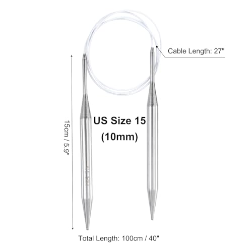 uxcell US 15(10mm) Knitting Circular Needle 40 Inch(100cm) Metal Round Stainless Steel Needle with Large Eye Sewing & Stitch Markers for Handmade Projects DIY Knit Blankets - size: US15(10mm)