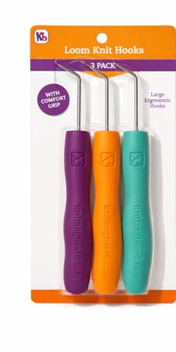 Authentic Knitting Board Ergonomic Loom Knitting Hook/Tool, Loom Hook Tool with Rubber Comfort Grip, Easy on Wrists & Arthritic Hands, Fits All Knitting Looms (3 Pack) Orange, Purple, Green Hooks - color: Orange, Purple, and Green