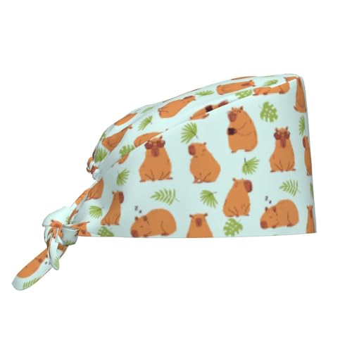 MOLIAN Dental Tooth Adjustable Working Cap Surgical Headgear for Women Men | Adjustable Tie Back Scrub Caps with Button Built-in Sweatband Working Cap for Nurses Doctors and Workers - color: Capybaras and Leaves