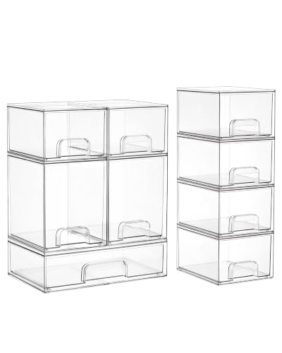 Vtopmart Clear Stackable Storage Drawers Set of 9, Plastic Organizer Bins | Multi-purpose Boxes for Baby Bottle Storage, Ideal for Kichen, Vanity, Bathroom, Undersink, Cabinet, Pantry Organization - style: 6 Small+2 High+1 Wide