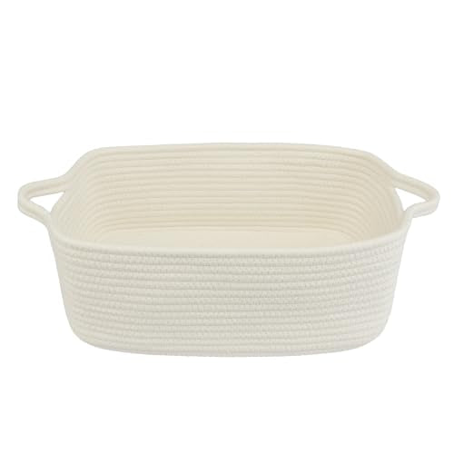 XUANGUO Medium Woven Cotton Rope Storage Basket with Handles, White | Small decorative rectangle storage bin for baby nursery items and cat toys; ideal as an empty gift basket or dog toy basket - color: white