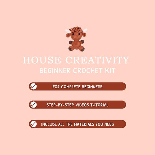 HOUSE CREATIVITY Crochet Kit for Beginners, Make a Highland Cow, Amigurumi Starter Kit with Step-by-Step Video Tutorial, Yarn, Hook & Stuffing, Stress Relief DIY Craft Gift for Adults - color: Cow