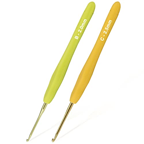 YOJOB 2-Pack Size B / 2mm, C / 2.5mm Crochet Hooks, Ergonomic Crochet Hook | Super Smooth Knitting Needles with Soft Rubber for Beginner and Advanced (2.0mm, 2.5mm) - size: 2mm, 2.5mm