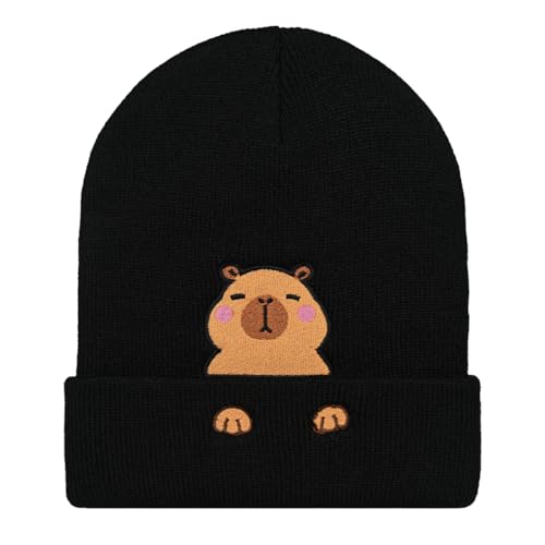 Personality Animal Head Embroidery Knit Beanie Hat for Adult and Big Kids Winter Warm Skull Cuffed Hats - color: Capybara 2-black