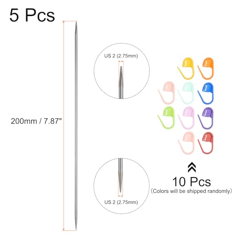 uxcell 5Pcs US 2(2.75mm) Double Pointed Knitting Needle 7.87 Inches Length Stainless Steel Sweater Stitching Needles with 10 Stitch Marker for Handmade Projects DIY Knitting - size: 2.75mm