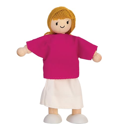 PlanToys® Mother Dollhouse Wooden Figurine Poseable 1:12 Scale 5-Inch Doll | mom character, doll house people accessories, bendable arms, kids pretend play, girls storytelling gift ages 3+ for boys - color: Caucasian Mom