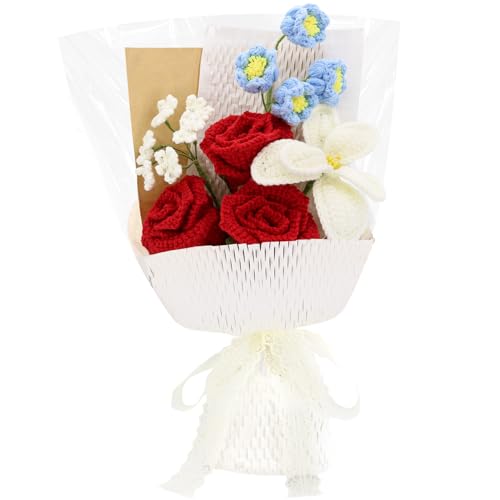Marvogo Handmade Crochet Flower Bouquet,Crochet Flowers for Loved Ones | Crochet Flower,Crochet Rose, Bell Orchid, Tulip, Finished Artificial Flower Ideal for Lovers, Family and Friends red - color: Red