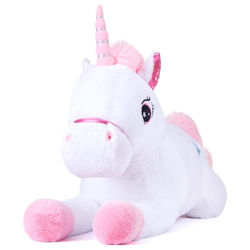 IKASA 43" Giant Unicorn Stuffed Animal Plush Toy,Zipper-Free,Full Stuffing | Extra Plump Full Body Filling, Child-Safe One-Piece Design, Cute Hugging Pillow Gift for Kids, Girls & Adults - color: White