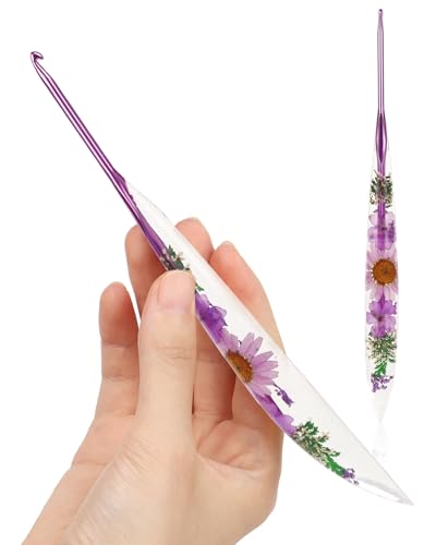 Katech 3.0mm Crochet Hook for Arthritic Hands, Long Aluminum Inline Hooks | Ergonomic Crochet Hooks with Dried Floral Grip-Elegant & Unique, Smooth Crochet Needle-Crochet Gift for Beginner&Crocheter - size: 3.0mm