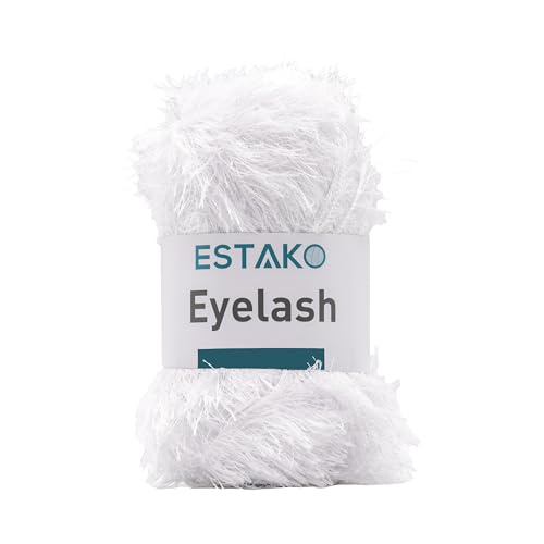 Estako Eyelash Yarn, Soft Fuzzy Faux Fur for Crochet and Knitting, White | 100% polyester, 3.53 oz, 153 yds, lei making, fringe trim, 4-5 mm needles, 3 mm hook, amigurumi, blankets, hats, rugs - color: 1208 - White, size: 1 Skein