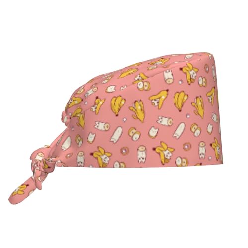 MOLIAN Dental Tooth Adjustable Working Cap Surgical Headgear for Women Men | Adjustable Tie Back Scrub Caps with Button Built-in Sweatband Working Cap for Nurses Doctors and Workers - color: Banana Cat