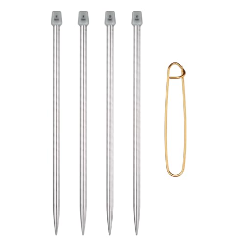 MECCANIXITY 4Pcs L(8mm) Single Pointed Knitting Needles Set, 9.8" Length Stainless Steel Crochet Needle with Versatile Stitch Holder for Beginner, Crocheter DIY Making, Silver - size: L(8mm) 9.8" Length