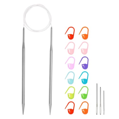 HARFINGTON Circular Knitting Needle Set US Size 8 (5mm) 25.59" Long Stainless Steel Round Knitting Needles with Large-Eye Blunt Needles Stitch Markers for Sock Sweater Gloves, White - color: White, size: 5mm/25.59"