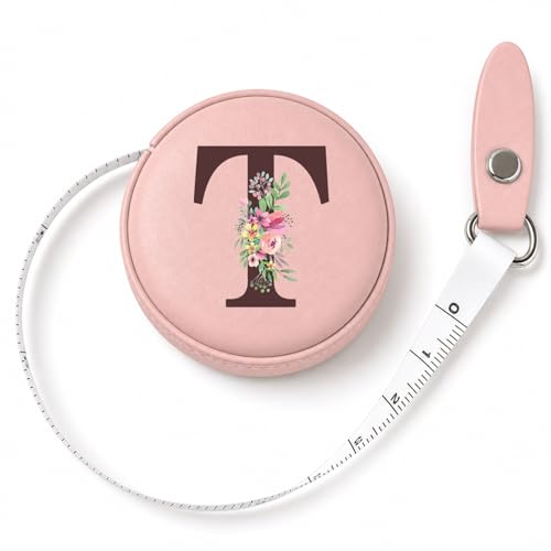 Maicican Retractable Tape Measure, Pink Leather Sewing Measuring Tape, T | with Initial A-Z, 60"/1.5m Soft Sewing Measuring Tape for Body Measurements, Portable Small Fabric Ruler - color: Tape Measure-Pink T