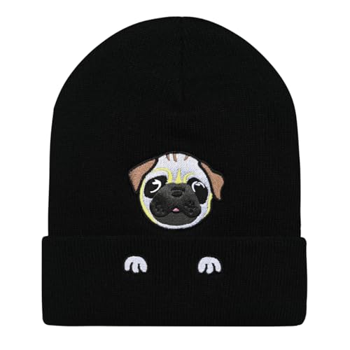 Personality Animal Head Embroidery Knit Beanie Hat for Adult and Big Kids Winter Warm Skull Cuffed Hats - color: Dog 2-black