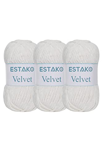 Estako Velvet Yarn for Crocheting, Chenille, 3 Pack, Cream | super bulky, ultra soft, plush, cozy, thick, fluffy, polyester, 300 g, 396 yds, amigurumi - color: 1150 - Cream, size: Pack of Three