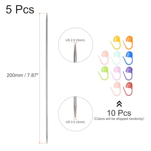 uxcell 5Pcs US 2.5(3mm) Double Pointed Knitting Needle 7.87 Inches Length Stainless Steel Sweater Stitching Needles with 10 Stitch Marker for Handmade Projects DIY Knitting - size: 3mm