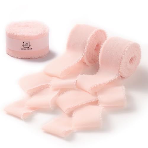 DORIS HOME Handmade Frayed Fringe Chiffon Ribbon 1" x 21Yd Blush Pink | Fabric Ribbon, For Flower Bouquet/Gift Wrapping/Wedding Invitations/Party Decorations - color: Blush Pink