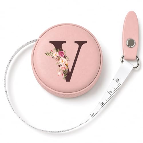 Maicican Retractable Tape Measure, Pink Leather Sewing Measuring Tape, V | with Initial A-Z, 60"/1.5m Soft Sewing Measuring Tape for Body Measurements, Portable Small Fabric Ruler - color: Tape Measure-Pink V