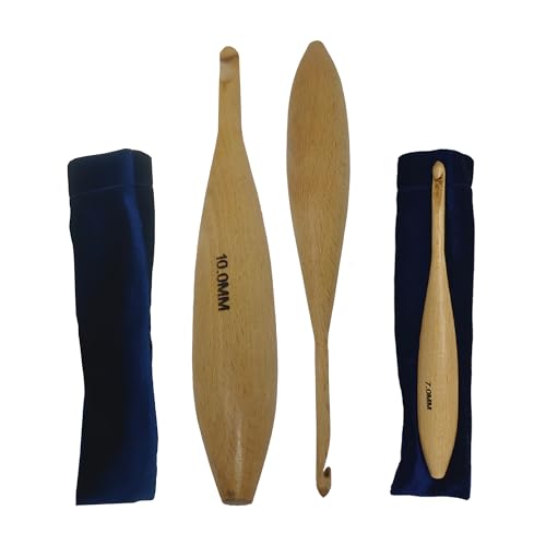 Handcrafted Wooden Crochet Hooks with Bag, 4 MM to 10 MM | Comfortable Grip | Smooth Finish & Ergonomic Design | Galaxy Indiacraft (Natural Beechwood, 10 MM) - color: Natural Beechwood, size: 10 MM