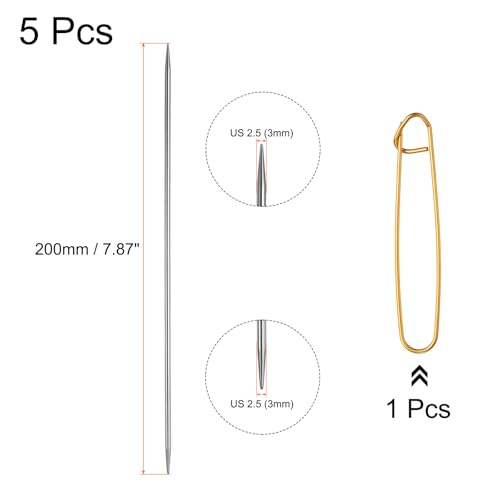 uxcell 5Pcs US 2.5(3mm) Double Pointed Knitting Needle 7.87 Inches Length Stainless Steel Sweater Stitching Needles with Stitch Holder for Handmade Projects DIY Knitting - size: 3mm