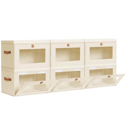 Homsorout Storage Bins with Lids - Front Opening Storage Box with Clear Window & Handles, Stackable Foldable Fabric Bins for Closet Organization, Clothes, Sweaters, Towels, Blankets, 6 Pack, Beige - color: Beige, size: Large - 6 Pack