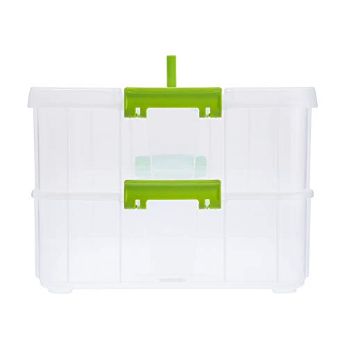 BTSKY 2 Layer Stack & Carry Box, Plastic Multipurpose Portable Storage Container Box Handled Organizer Storage Box for Organizing Stationery, Sewing, Art Craft, Jewelry and Beauty Supplies Green | Multipurpose Craft Organizers and Storage for Organizing S