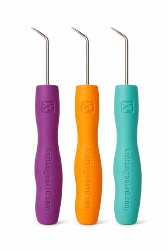 Authentic Knitting Board Ergonomic Loom Knitting Hook/Tool, Loom Hook Tool with Rubber Comfort Grip, Easy on Wrists & Arthritic Hands, Fits All Knitting Looms (3 Pack) Orange, Purple, Green Hooks - color: Orange, Purple, and Green