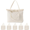 Koolmox Tote Bag Bulk with Zipper, 6-Pack 22x16x7.8'' Beige Tote Bag, 12Oz Durable Grocery Tote with Reinforced Handles and Wide Bottom for Grocery Shopping Bags Washable and Reusable Carry All Bags - style: Beige_zippered_22x16x7.8''