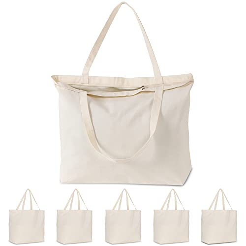 Koolmox Tote Bag Bulk with Zipper, 6-Pack 22x16x7.8'' Beige Tote Bag, 12Oz Durable Grocery Tote with Reinforced Handles and Wide Bottom for Grocery Shopping Bags Washable and Reusable Carry All Bags - style: Beige_zippered_22x16x7.8''
