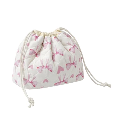 uekeboag Cotton Quilted Drawstring Makeup Bag（14Heart Bow） | Small ,Canvas Lining, Foldable Coquette Aesthetic Cute Travel Toiletry Bag,Drawstring Gift Bag for Women and Girls - color: 14Heart Bow