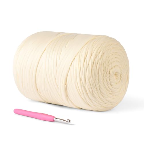 (800g/228yds) T Shirt Yarn, Soft Tshirt Crochet Yarn for Crafts and DIY Knitting Crocheting Cloth/Bag/Basket/Coaster, 100% Polyeste Elastic Fabric Chunky Thick Yarns for Crocheting (Milky White) - color: Milky White