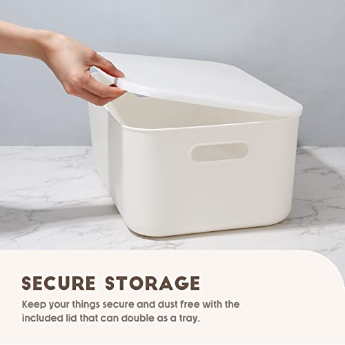 8 Pieces White Plastic Storage Bins with Lids, Stackable Storage baskets with Handle Containers Box for Shelves Drawers Desktop Playroom Classroom Office Organization(14 x 10.5 x 6.5 Inches) - size: 14 x 10.5 x 6.5 Inches