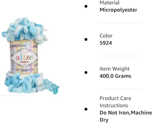 Alize Puffy Color Baby Blanket Yarn Lot of 4skn 400gr 39.3 yds 100% Micropolyester Soft Yarn Hand Knitting Yarn (5924) - color: 5924