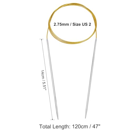 uxcell Size US 2 (2.75mm) Knitting Needles Circular Needle 47 Inch(120cm) Round Metal Stainless Steel Needle for Handmade Projects DIY Knitting Yellow - color: Yellow, size: 47 inch Size US 2 (2.75mm)