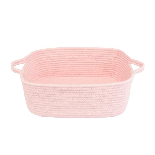 XUANGUO Medium Woven Cotton Rope Storage Basket with Handles, Light Pink | Small decorative rectangle storage bin for baby nursery items and cat toys; ideal as an empty gift basket or dog toy basket - color: Light pink