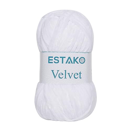 Estako Velvet Yarn for Crocheting, Super Bulky Chenille Yarn, White | ultra soft, plush, cozy, thick, fluffy, polyester, 100 g, 132 yds, amigurumi, 4.5 mm hook - color: 1110 - White, size: Pack of One