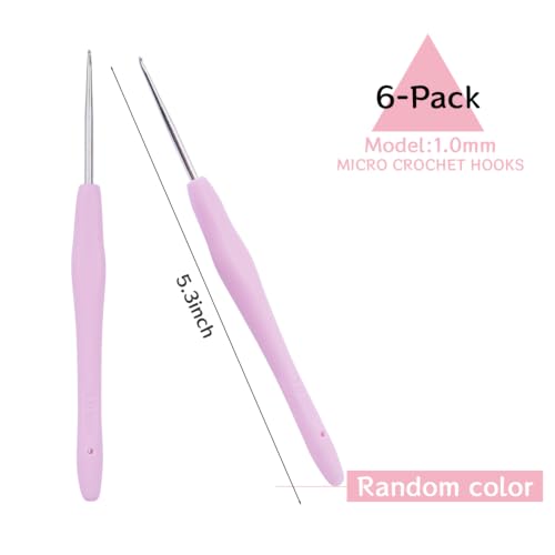 Hobekoee 6pcs Small Size Crochet Hooks,1mm Micro Crochet Needles | Steel Lace Crochet Hooks,Ergonomic Crochet Hook Grip for Arthritis And Beginners,Mini Size - size: 1mm