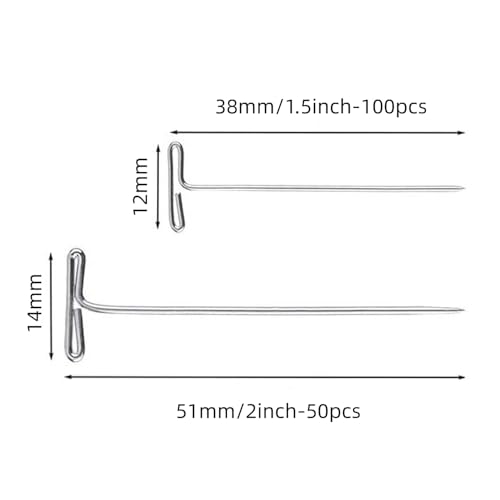 150 Pcs T Pins, Sewing Pins for Blocking Knitting, Modelling, Wig Making and Crafts, Straight Pins T-Pins Stainless Steel Nickel Plated with Storage Box (1.5 Inch，2 Inch)