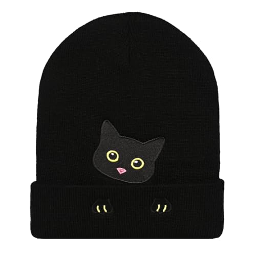 Personality Animal Head Embroidery Knit Beanie Hat for Adult and Big Kids Winter Warm Skull Cuffed Hats - color: Cat-black