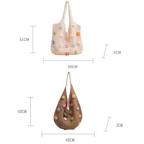 Boho Crochet Beach Bag with Cute Flower, Preppy Knit Tote Bag for Women Girls Summer Vacation Travel - color: Style B-green